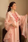 Buy_House of Inari_Peach Kurta Pure Silk Chanderi Embroidered Cut Work Notched Gulchini Pant Set_Online_at_Aza_Fashions