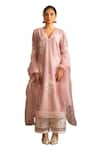 Shop_House of Inari_Purple Kurta Pure Silk Chanderi Embroidered Floral V Neck Chandni Pant Set _Online_at_Aza_Fashions