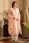 Buy_House of Inari_Peach Kurta Pure Silk Chanderi Embroidered Floral V Neck Chandni Pant Set _at_Aza_Fashions