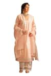 House of Inari_Peach Kurta Pure Silk Chanderi Embroidered Floral V Neck Chandni Pant Set _Online_at_Aza_Fashions