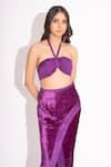 House of Inari_Purple Bustier Pure Silk Jacquard Crepe Embroidered Thread Halter Skirt With _Online_at_Aza_Fashions