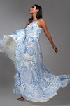 Shruti S_Blue Pure Vegan Georgette Print Wave Geometric Square Slit Dress_Online_at_Aza_Fashions