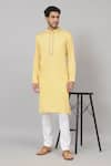 Hilo Design_Yellow Giza Cotton Embroidery Thread Kiiro Placket Kurta _Online_at_Aza_Fashions