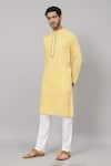 Buy_Hilo Design_Yellow Giza Cotton Embroidery Thread Kiiro Placket Kurta _Online_at_Aza_Fashions