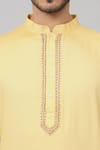 Hilo Design_Yellow Giza Cotton Embroidery Thread Kiiro Placket Kurta _at_Aza_Fashions