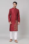 Buy_Hilo Design_Maroon Semi Raw Silk Embroidery Zari Thread Leaves Border Kurta _at_Aza_Fashions