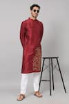 Hilo Design_Maroon Semi Raw Silk Embroidery Zari Thread Leaves Border Kurta _Online_at_Aza_Fashions