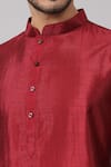 Hilo Design_Maroon Semi Raw Silk Embroidery Zari Thread Leaves Border Kurta _at_Aza_Fashions