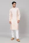 Buy_Hilo Design_Peach Semi Raw Silk Embellished Leafy Patchwork Abrikos Kurta _at_Aza_Fashions