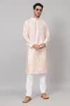 Hilo Design_Peach Semi Raw Silk Embellished Leafy Patchwork Abrikos Kurta _Online_at_Aza_Fashions