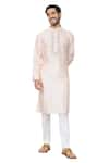 Shop_Hilo Design_Peach Semi Raw Silk Embroidery Resham Oxlip Floral Placket Kurta _Online_at_Aza_Fashions