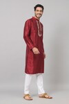 Shop_Hilo Design_Maroon Semi Raw Silk Embroidery Thread Claret Floral Placket Kurta _Online_at_Aza_Fashions