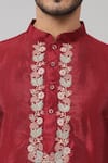 Hilo Design_Maroon Semi Raw Silk Embroidery Thread Claret Floral Placket Kurta_at_Aza_Fashions