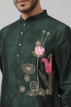 Hilo Design_Green Semi Raw Silk Embroidery Resham Varen Fern Placement Kurta _at_Aza_Fashions