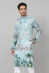 Buy_Hilo Design_Blue Russian Silk Printed Palm Tree Sepia Kurta_at_Aza_Fashions
