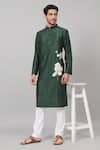 Buy_Hilo Design_Green Semi Raw Silk Placement Patch Floral Wijze Work Kurta With Pant_at_Aza_Fashions