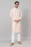 Buy_Hilo Design_Peach Semi Raw Silk Placement Patch Leaves Abrikos Embroidered Kurta With Pant_at_Aza_Fashions