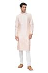 Hilo Design_Peach Semi Raw Silk Placement Patch Leaves Abrikos Embroidered Kurta With Pant_Online_at_Aza_Fashions
