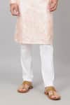 Shop_Hilo Design_Peach Semi Raw Silk Placement Patch Leaves Abrikos Embroidered Kurta With Pant_Online_at_Aza_Fashions