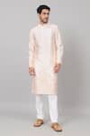 Hilo Design_Peach Semi Raw Silk Placement Patch Leaves Abrikos Embroidered Kurta With Pant_at_Aza_Fashions