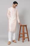 Buy_Hilo Design_Peach Semi Raw Silk Placement Embroidery Flower Taozi Kurta With Pant_at_Aza_Fashions