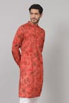 Hilo Design_Orange Russian Silk Print Floral Flower Vine Kurta With Pant_at_Aza_Fashions