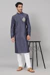 Buy_Hilo Design_Blue Semi Raw Silk Placement Embroidery Motif Kurta With Pant_at_Aza_Fashions