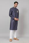 Shop_Hilo Design_Blue Semi Raw Silk Placement Embroidery Motif Kurta With Pant_Online_at_Aza_Fashions