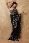Shop_Premya By Manishii_Black Tulle Sequins, Beads, Cut Work Square Floral Embroidered Saree With Blouse _Online_at_Aza_Fashions