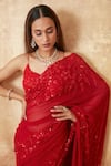 Buy_Premya By Manishii_Red Tulle, Viscose Sequins, Cut Work, Floral Jaal Embroidered Saree With Blouse _Online_at_Aza_Fashions