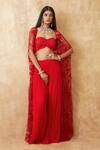 Buy_Premya By Manishii_Red Tulle, Viscose Sequins, Beads Sweetheart Embroidered Cape Flared Pant Set _Online_at_Aza_Fashions