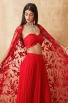 Premya By Manishii_Red Tulle, Viscose Sequins, Beads Sweetheart Embroidered Cape Flared Pant Set _at_Aza_Fashions