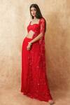 Buy_Premya By Manishii_Red Tulle, Viscose Sequins, Beads Sweetheart Embroidered Cape Flared Pant Set 