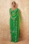 Buy_Premya By Manishii_Green Tulle Embroidery, Sequins Plunge Neck Floral Border Saree With Blouse _at_Aza_Fashions