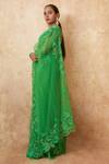 Premya By Manishii_Green Tulle Embroidery, Sequins Plunge Neck Floral Border Saree With Blouse _Online_at_Aza_Fashions