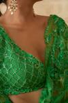 Shop_Premya By Manishii_Green Tulle Embroidery, Sequins Plunge Neck Floral Border Saree With Blouse _Online_at_Aza_Fashions