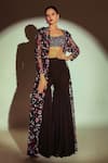 Shop_Premya By Manishii_Black Tulle, Georgette Sequins, Beads Floral Hand Embroidered Jacket Sharara Set _Online_at_Aza_Fashions