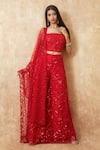 Buy_Premya By Manishii_Red Tulle Embroidery Sequin Square Neck Floral Corset Blouse Flared Pant Set _at_Aza_Fashions