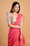 Dajwaree_Pink Organza And Georgette Embroidery Floral Zinnia Pre-draped Saree With _Online_at_Aza_Fashions