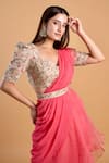 Buy_Dajwaree_Pink Organza And Georgette Embroidery Floral Zinnia Pre-draped Saree With _Online_at_Aza_Fashions