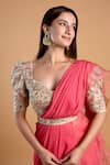 Shop_Dajwaree_Pink Organza And Georgette Embroidery Floral Zinnia Pre-draped Saree With _Online_at_Aza_Fashions