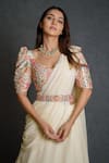 Buy_Dajwaree_Cream Georgette And Silk Placement Pre-draped Lehenga Saree With Pattern Blouse _Online_at_Aza_Fashions