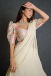 Shop_Dajwaree_Cream Georgette And Silk Placement Pre-draped Lehenga Saree With Pattern Blouse _at_Aza_Fashions