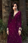 Dajwaree_Wine Velvet Placement Hand Embroidery Zari V Neck Kurta With Pant_Online_at_Aza_Fashions