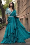 Buy_Dajwaree_Blue Satin Georgette Aprajita Pre-draped Saree With Floral Cutwork Blouse _at_Aza_Fashions