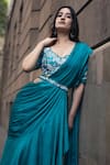 Dajwaree_Blue Satin Georgette Aprajita Pre-draped Saree With Floral Cutwork Blouse _Online_at_Aza_Fashions