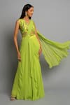 Buy_Dajwaree_Green Georgette Embroidered Anastasia Pre-draped Saree With Floral Blouse _at_Aza_Fashions