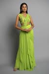 Dajwaree_Green Georgette Embroidered Anastasia Pre-draped Saree With Floral Blouse _Online_at_Aza_Fashions