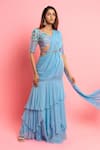 Dajwaree_Blue Georgette Embroidered Sequin Pre-draped Saree With Bead Embellished Blouse _Online_at_Aza_Fashions