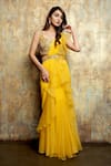 Buy_Dajwaree_Yellow Organza Embroidered Bead Sunflower Pre-draped Ruffled Saree With Blouse _at_Aza_Fashions